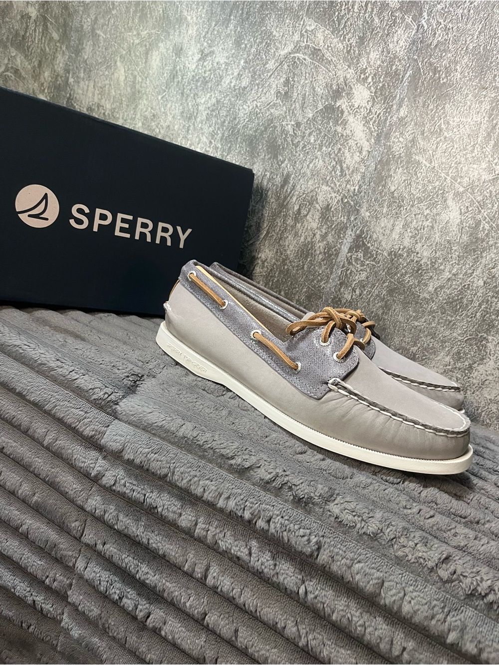 Sperry Two-Tone Light Gray and Tan Leather Boat Shoes